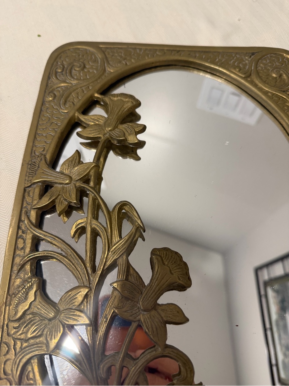 Vintage Stunning Rare Art Nouveau Brass Daffodil Floral Mirror - Picture 6 of 12